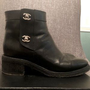 Chanel Black Leather Turnlock Ankle Boots